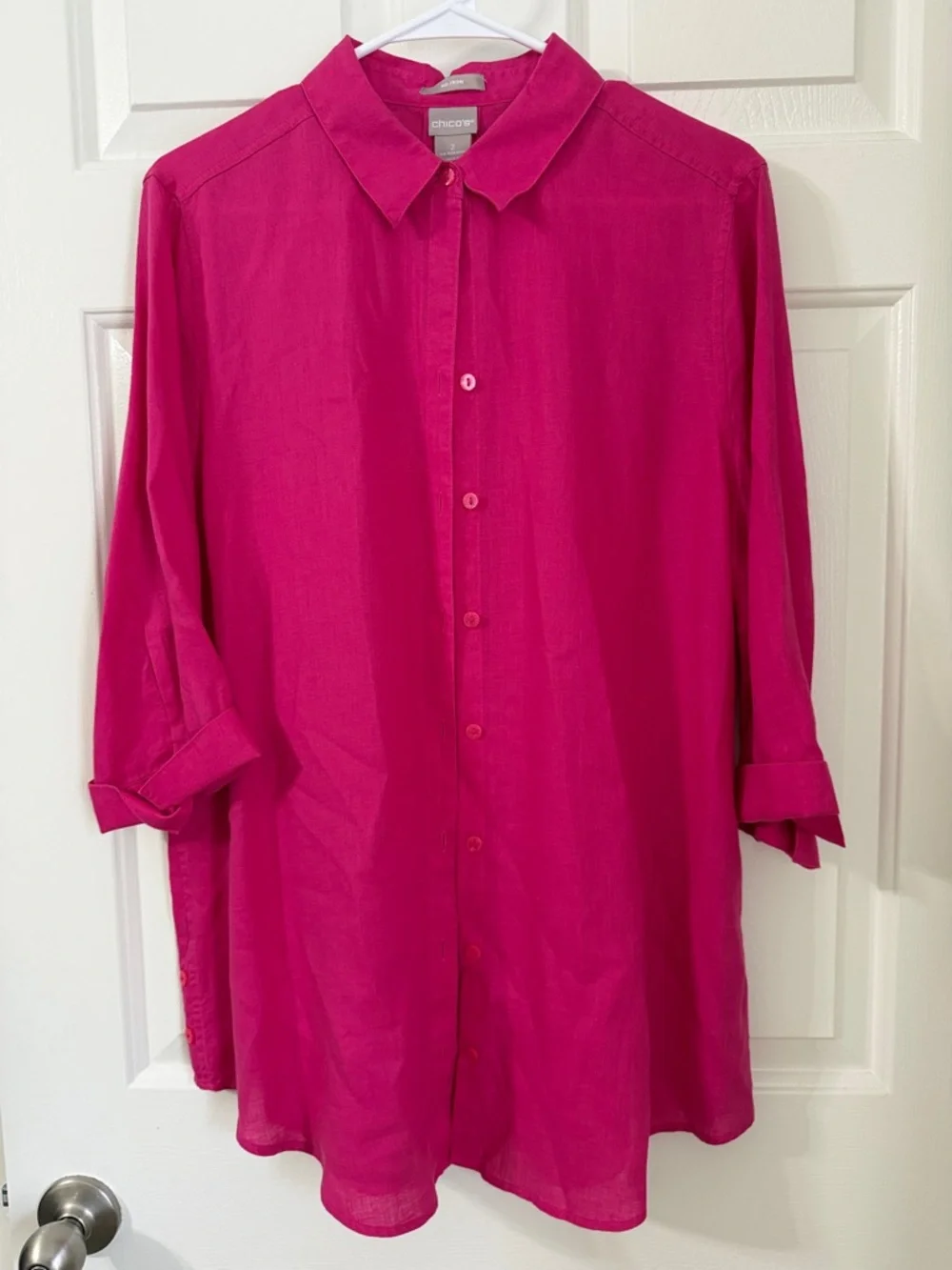 Chico's Bright Pink No Iron Linen 3/4th sleeve button front blouse - Picture 1 of 7